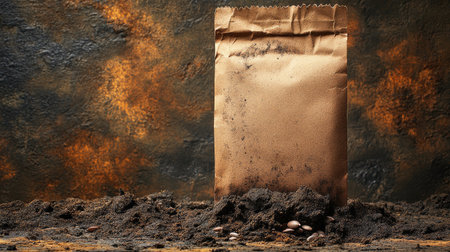 Kraft seed packet mockup with clean edges and paper fibers visible, placed on earthy toned backgroundの素材