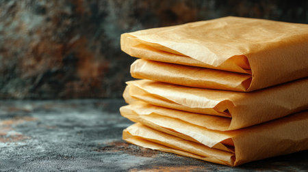 Stack of folded kraft mailers with clean edges and soft shadows over a minimal textured surfaceの素材