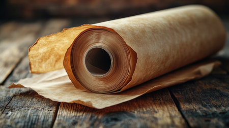 Roll of kraft paper unrolling across a rustic surface, ready for packaging or wrapping mockupsの素材