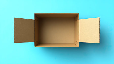 Open kraft carton with visible interior texture and strong shadows on a clean flat backgroundの素材