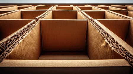 Open kraft carton with visible interior texture and strong shadows on a clean flat backgroundの素材