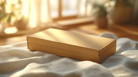 Rectangular kraft soap box mockup lying closed on top of linen fabric with soft natural lightの素材