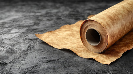 Roll of kraft paper unrolling across a rustic surface, ready for packaging or wrapping mockupsの素材