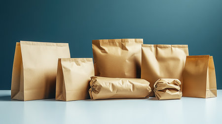 Set of kraft paper bags in different sizes aligned on a white tabletop for branding presentationの素材