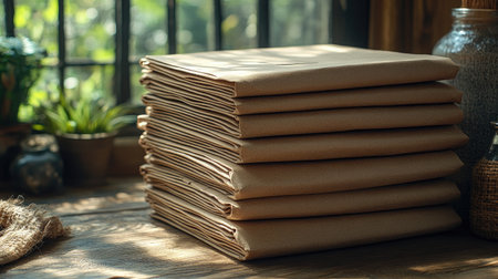 Stack of folded kraft mailers with clean edges and soft shadows over a minimal textured surfaceの素材