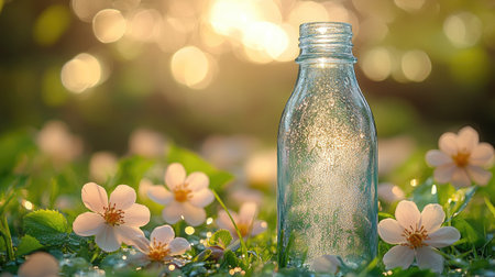 Frosted glass bottle mockup standing in green grass with dew and soft morning sunlightの素材
