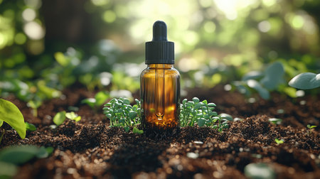 Eco-style mockup of a dropper glass bottle nestled in soil with sprouting greens aroundの素材