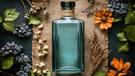 Flat-lay mockup of glass bottle and natural elements like dried flowers and twigs on burlap clothの素材