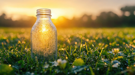 Frosted glass bottle mockup standing in green grass with dew and soft morning sunlightの素材