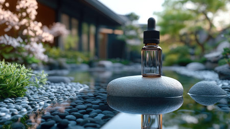 Mockup of clear essential oil bottle standing on a smooth stone in zen garden settingの素材
