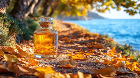 Simple glass bottle mockup on the edge of a forest trail with leaves gently scattered aroundの素材