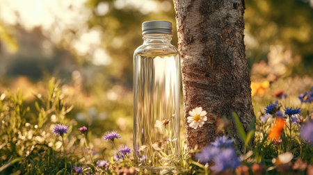 Tall glass bottle mockup leaning slightly against a tree trunk with wildflowers in foregroundの素材