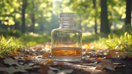 Simple glass bottle mockup on the edge of a forest trail with leaves gently scattered aroundの素材
