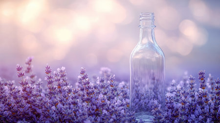 Transparent glass bottle mockup placed among lavender flowers with soft natural bokehの素材