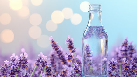 Transparent glass bottle mockup placed among lavender flowers with soft natural bokehの素材