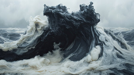Fluid black and white ink swirling in water forming smooth abstract waves and smoky texturesの素材
