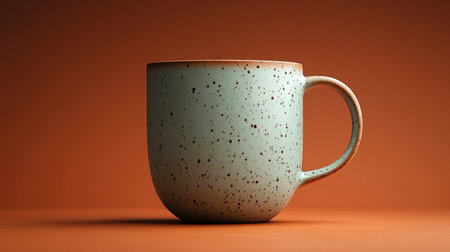 Monochrome clay-style ceramic mug mockup on warm terracotta background, minimal lightingの素材