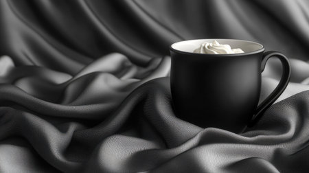 Matte black ceramic mug mockup resting on a matching black monotone background with soft lightの素材