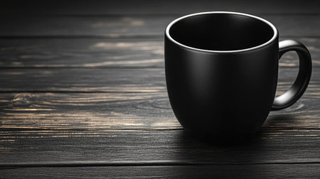 Matte black ceramic mug mockup resting on a matching black monotone background with soft lightの素材