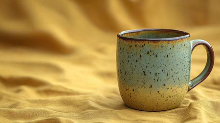 Handmade-style ceramic mug mockup sitting in the middle of a mustard yellow monotone backgroundの素材