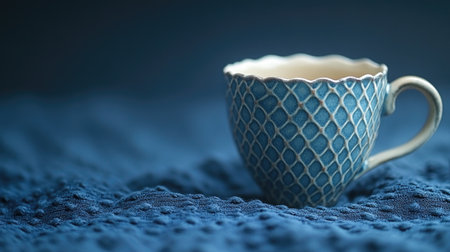 Geometric ceramic mug mockup on a navy blue monochrome platform with subtle texturesの素材