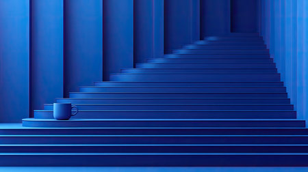 Geometric ceramic mug mockup on a navy blue monochrome platform with subtle texturesの素材