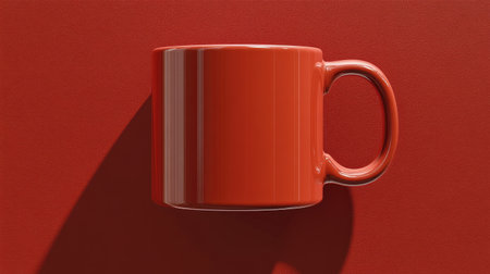 Floating ceramic mug mockup in mid-frame with bold red monotone background, strong shadowsの素材
