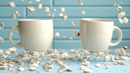 Simple ceramic mug mockup floating mid-air against a soft blue monotone backdropの素材