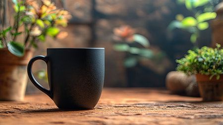 Monochrome clay-style ceramic mug mockup on warm terracotta background, minimal lightingの素材