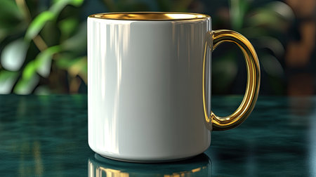 Tall ceramic mug mockup standing upright on a deep green monotone surface with soft reflectionsの素材