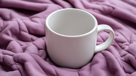 White ceramic mug mockup laying flat with handle facing up on a soft lavender monotone backdropの素材