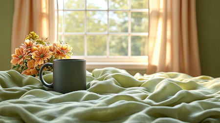 Soft matte finish ceramic mug mockup gently resting on a warm olive green monotone setupの素材