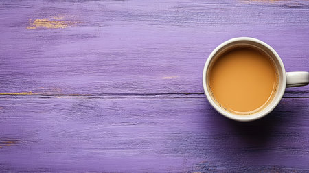 White ceramic mug mockup laying flat with handle facing up on a soft lavender monotone backdropの素材