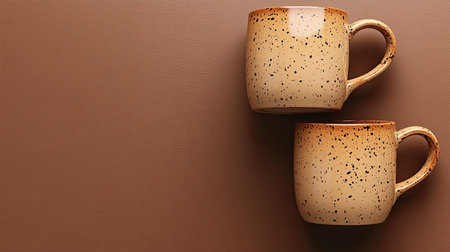Two ceramic mugs mockup overlapping slightly on a monochrome brown background, top down viewの素材