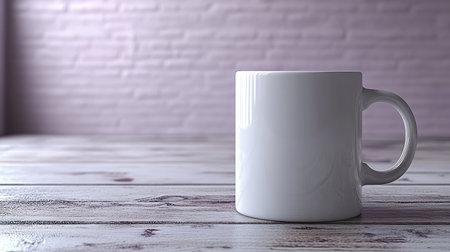 White ceramic mug mockup laying flat with handle facing up on a soft lavender monotone backdropの素材