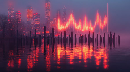 Financial growth chart glowing above a modern urban skyline, minimal color tonesの素材