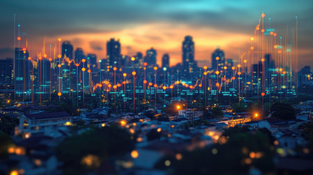 Clean cityscape image enhanced with glowing financial graph lines in motionの素材