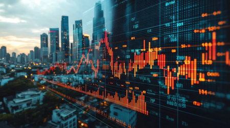 City skyline at dusk overlaid with glowing financial graphs and stock market indicatorsの素材