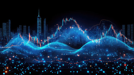 Abstract financial waveforms and indicators layered over a city skylineの素材