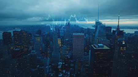 Blue hour skyline with complex financial graph overlay and tech-style animationsの素材
