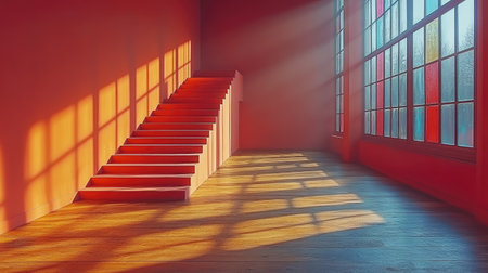 Elevated podium on pastel peach background with natural lighting and shadowsの素材