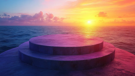 Product showcase with layered pastel backgrounds and minimal platformの素材