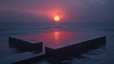 Abstract shapes surrounding circular display stand with pastel sky backgroundの素材