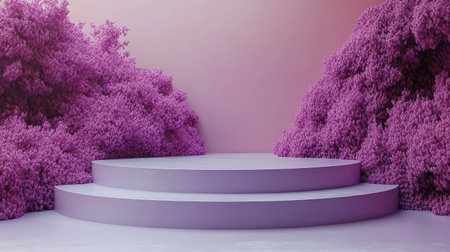 Modern display podium with pastel lavender background, clean and bright surfaceの素材