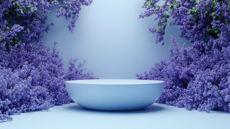 Modern display podium with pastel lavender background, clean and bright surfaceの素材