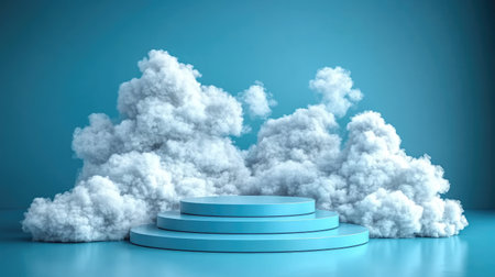Clean mockup podium surrounded by pastel clouds and abstract minimal elementsの素材