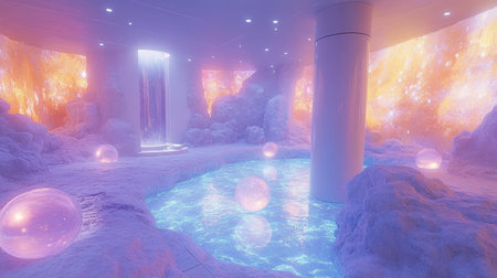 Monotone pastel stage with floating orbs and cylindrical display zoneの素材