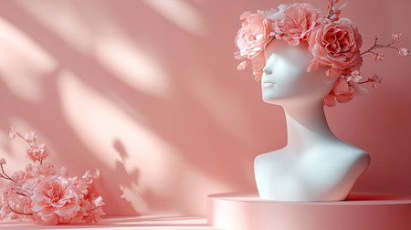 Elevated podium on pastel peach background with natural lighting and shadowsの素材