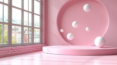 Simple product podium with soft pink backdrop and floating white spheresの素材