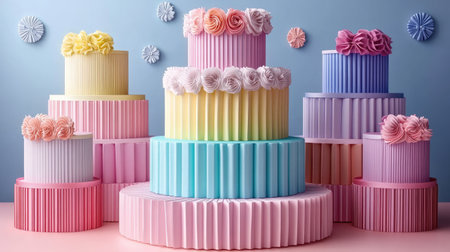 Tiered product platform in pastel tones with floating decorative elementsの素材